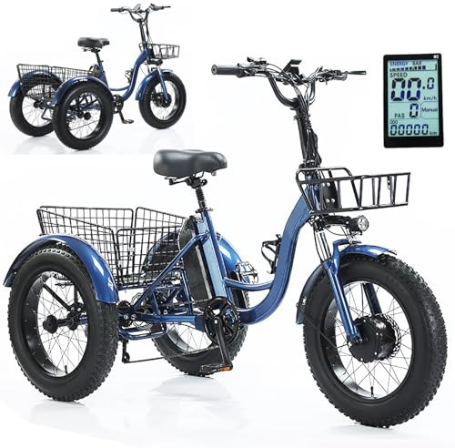 Elektrisches Dreirad Für Erwachsene, 20″ Fatbike Mit 48 V 13 Ah Akku (30–40km Reichweite), Doppelscheibenbremsen, Led-Display, Maximale Traglast 150kg, Ideal Für Pendler Und Reisende. Blue