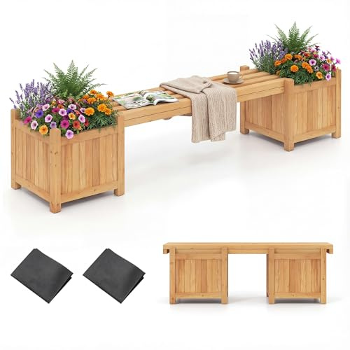 COSTWAY 3-in-1 Wooden Planter with Bench, Raised Garden Bed with Seat and Open-ended Bottom, Teak Oil Finish Outdoor Bench with 2 Flower Box for Patio Backyard Balcony (Natural, 170 x 35 x 35cm)