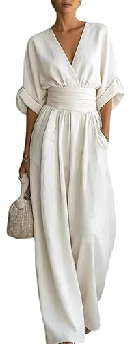 KIJSKKOPO Tuta Estiva da Donna con Maniche A 3/4 Arrotolate, Scollo A V Avvolgente, Vita Impero Arricciata, Ideale Per Lavoro, Formale, Lunga, Ampia, Palazzo, con Tasche, Per Vacanze Al Mare O In Sp