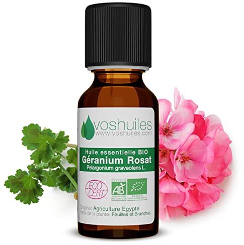 Voshuiles - Huile Essentielle Géranium Rosat Bio 5ml - Parfum Frais Fleuri - Nombreuses Vertus et Applications - Huiles Essentielles de Qualité - 100% Pure et Naturelle - HEBBD et Certifiée ECOCERT