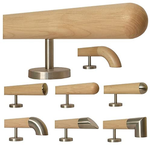 TIBU Ahorn Holz Treppe Handlauf Geländer Griff gerade Edelstahlhalter, Länge 30-500 cm aus einem Stück/Beispiel: 80 cm mit 2 Halter Halbkugel gefräst