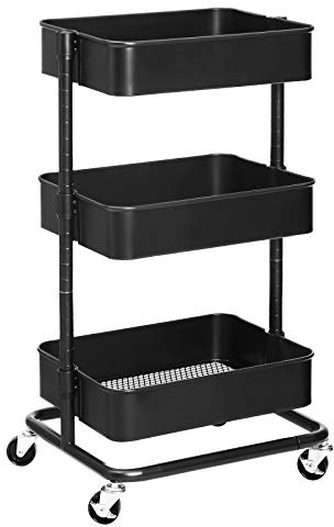 SONGMICS 3-Tier Metal Rolling Cart, Utility Cart, Kitchen Cart with Adjustable Shelves, Storage Trolley with 2 Brakes, Easy Assembly, for Kitchen, Office, Bathroom, Black UBSC60B