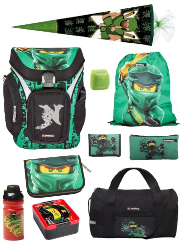 Familando - Schulranzen Set 10-teilig mit Schultüte - Ninjago Grün - Ergonomisch, stabil & mit gepolstertem Rücken - 1250g leicht mit 16L Volumen - wasserabweisend und mit Reflektoren - Ab 1. Klasse