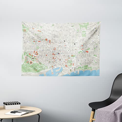 ABAKUHAUS Mapa Tapiz, Las calles de Barcelona Parques, Decoración de pared para dormitorio, 60 x 40 cm, Verde Azul Claro Beige