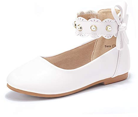 PANDANINJIA Girls Dress Shoes White Pearl Mary Jane Ballet Flats Flower Girl Wedding Party Communion Ankle Strap Shoes for Toddler Little Kid Big Kid(White Pu 9 M US Toddler)