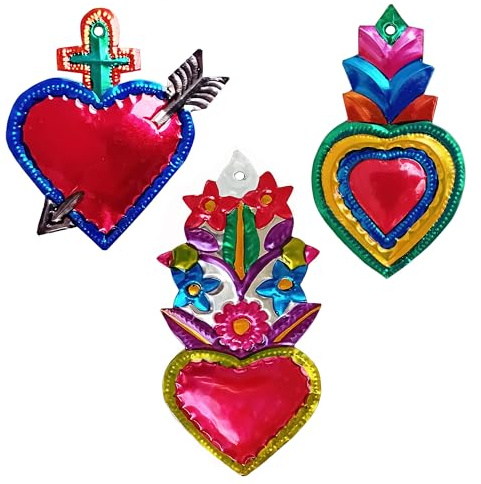 Set di 3 Cuori Color B, artigianato messicano, da appendere, 13 x 6 cm (cuore centrale)