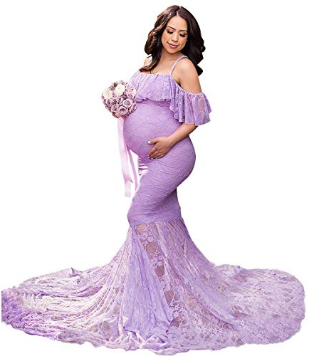 MYRISAM Damen Umstandskleid aus Spitze, schulterfrei, Rüschen, schmal, für Fotoshooting, Hochzeit, Party, Abschlussball, Babyparty