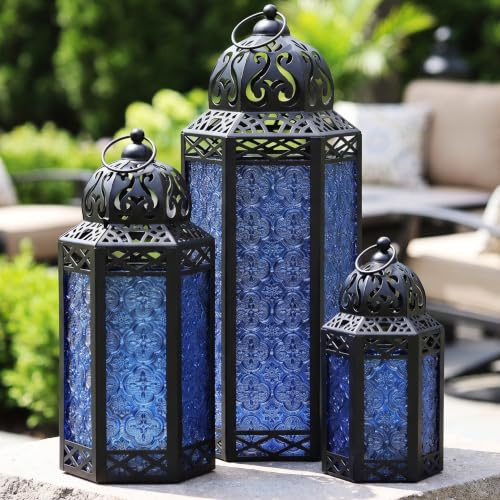 Vela Lanterns Juego de 3 faroles portavelas marroquíes Decorativos para Suelo, decoración de Ramadán, decoración Interior del hogar, Patio al Aire Libre o Porche, Bodas, Cobalto