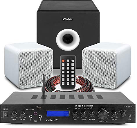 Fenton B405A 2.1 Home Stereo Speaker System with 5-Channel Bluetooth Amplifier, 8 Active Subwoofer, Surround Speakers and Audio Cable Kit for Home Theatre, Gaming, Music Playback & Parties