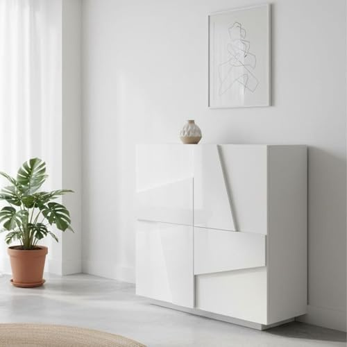 Dmora - Étagère à chaussures Joel, Armoire polyvalente avec 2 portes, Étagère à chaussures d'entrée, 100% Made in Italy, 81x38h86 cm, Blanc brillant avec détail