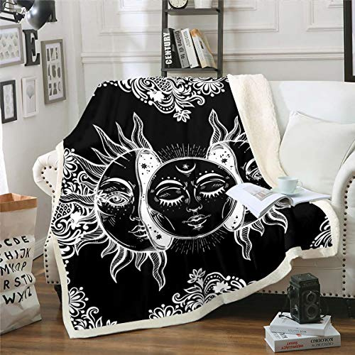 Homewish Sonne und Mond Sherpa-Decke Boho exotischer Stil Überwurfdecke für Frauen Teenager Schwarz Weiß Boho-Mandala Plüsch Fuzzy-Decke Bohemian botanisches Blumenmuster weiche Bettdecke, 150 x 200