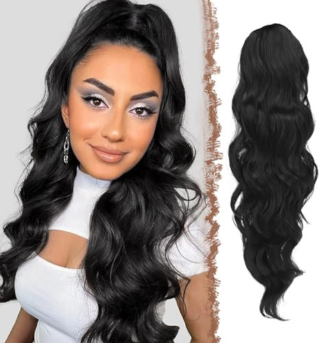 FESHFEN Extension Coda Capelli Lunga Posticci per Capelli Ondulati Ricci Coda Cavallo Capelli Extensions Finta Nero Scuro per Donne 60 cm