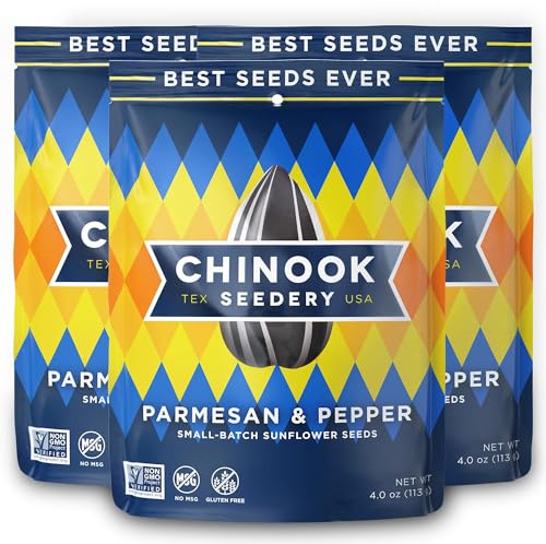 Chinook Seedery Roasted Sunflower Seeds - Jumbo Seeds Keto Snacks - Best For Snack Packs - Gluten Free, Non GMO Snack Food Gifts - 4 Ounce (Pack of 3) - Parmesan & Pepper Flavor Pack