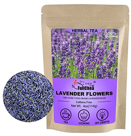 FullChea - Natural Dried Lavender Flowers - 4oz/114g - Premium Food Grade Lavender Buds - Non-GMO - Caffeine-free - Perfect for Tea, Lemonade, Baking, Baths