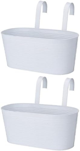 Pack of 2 - Large Metal Hanging Planter Vintage Balcony Fence Railing Herb Flower Plant Pot Holder (White)