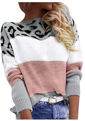 Pullover Damen Leopard Strickpullover Langarm Rundhals Sweater Patchwork Sweatshirt Herbst Winter Elegant Pulli Warme Lose Blusen Oberteile Tops