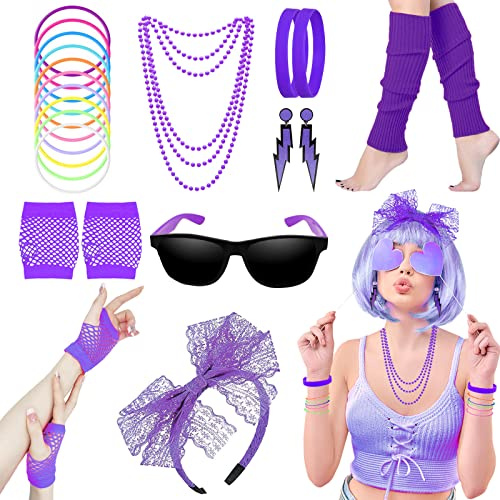 80-tal maskeradkostymer tillbehör, 1980-tal, maskeradstil, klänningar, festset och kit för kvinnor, neonbenvärmare halsband, armband, fisknätshandskar spets rosett pannband örhängen solglasögon-lila