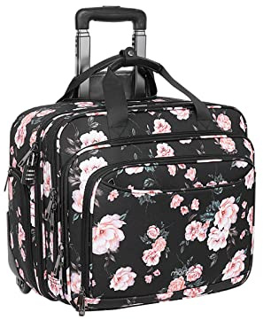 MOSISO Rolling Briefcase Laptop Bag for Women, Wheel Briefcase Teacher Bag for 15.6 inch with Coded Lock, Overnight Camellia Rolling Computer Bag on 2 Wheels with Belt for Work Travel Business, Black