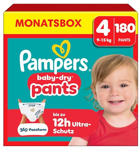 Pampers Couches-Culottes Baby-Dry Pants Taille 4 (9-15 kg), 180 Couches-Culottes Bébé, Pack 1 Mois, Maintien 360° Contre les Fuites, Faciles à Changer, Maintenant avec Plus de Couches
