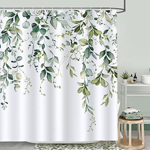 Bonhause Eukalyptusblad grön växt duschdraperi, tvättbart mögelbeständigt polyestertyg för badrum, 180 x 180 cm med 12 krokar för badkar