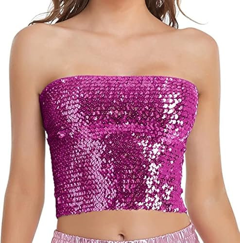 Aohhy Damen glitzernde Pailletten Stretch Party Clubwear Tube Top Meerjungfrau Crop Tops trägerlos Metallic Tops für Party Clubwear, Büste 23.6-39.3 Zoll, hot pink