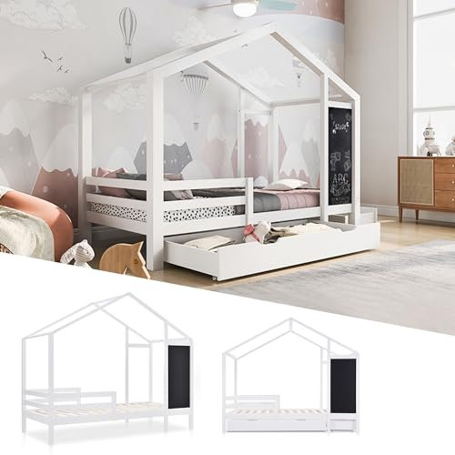 Kinderbett Hausbett mit Rausfallschutz, Holzbett mit Schubladen und Lattenrost, Babybett aus Massivholz mit Tafel, Einzelbett für Kinder und Jugendzimmer,90x200cm,Weiß