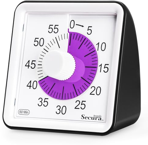 Secura 60-Minute Visual Timer, Timer for Kids, Classroom Timers, Countdown Time Tracker for Adults, Time Management Tool for Teaching (Purple & Black) | Non-Ticking, Adjustable Alarm Volume/Duration, Low Power Reminder, Time Management Tool for ADHD (Purple & Black)