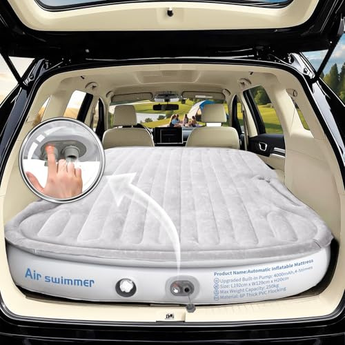 Materasso Gonfiabile per Auto con pompa incorporata | Si riempie in 3 minuti con il semplice tocco di un dito | Sostegno uniforme | Spessa imbottitura in PVC | Adatto per camper SUV/MPV/RV