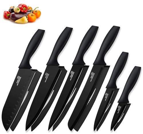 Joyfair Messer, 6-teiligs Karbonstahl Küchenmesser Messerset, Antihaft Messer Set mit Schützend Messerscheide, Schwarz Scharfe Gemüsemesser zum Schneiden/Schälen, Rostfrei & Leicht zu Reinigen