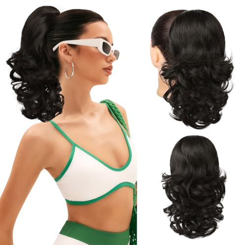 FLUFYMOOZ Ponytail Extension, 36 cm kurze Pferdeschwanz Extension mit Kordelzug für Damen weiches, natürliches, synthetisches Kordelzug Pferdeschwanz Haarteil-Schwarz Braun