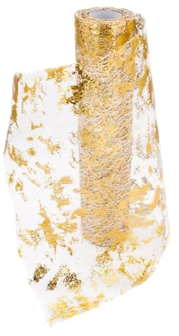Chemin De Table Filet avec Feuille d'or,28cmx10m Chemin De Table Polyester,Ruban De Table Métallisé Décoration pour Fête,Célébrations,Anniversaire, Mariage, Noël, Fêtes De Bébé,DIY,etc.