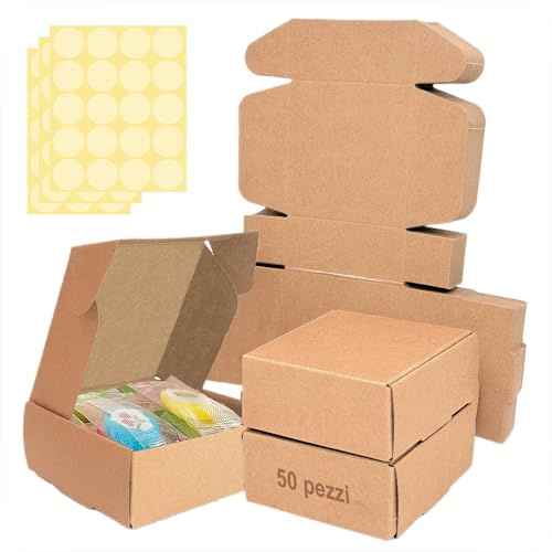 Festa Centro 7 x 7 x 3cm (50pz) scatolina Carta Kraft Marrone con Coperchio, Scatole Bomboniera Kraft, scatola per bomboniere,Facile Assemblaggio scatole per Feste,Compleanni e Matrimoni,Festa Natale