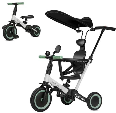 BRONEA 5-in-1 Dreirad ab 1 Jahr mit Schubstange | Wächst mit Ihrem Kind vom Kinderdreirad bis Laufrad | Mit Gurt, Dach & Zubehör wie Getränkehalter, Spiegel, Klingel (Schwarz/Weiss)