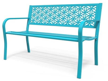 Bonnlo Gartenbank Metall Retro-Stil, wetterfeste Sitzbank für 2-3 Sitzer, Essbank mit Rückenlehne und floraler Armlehne, Gartenmöbel bis 360kg belastbar, Bänke für Garten Balkon Hof, Blau