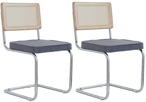 GrandCA HOME 2er Set Esszimmerstühle, Gepolsterte Rattan-Küchenstühle, Rattan-Rückenlehne/verchromtes Gestell, Geeignet für Esszimmer/Büro/Küche/Schlafzimmer/Konferenzraum(Grau,2)