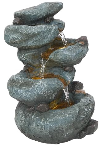 Alpine Corporation TZL418 14 3 Tier Rock Fountain with LED Lights, Elegant Cascading Water Feature for Tabletop, Indoor Decor, Relaxing Stone Waterfall for Home & Office, Gray