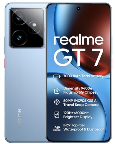 realme GT 7 5G Smartphone,Dimensity 9400‌e,Batteria da 7000 mAh,12GB+512GB Telefono,Fotocamera 50 MP+50 MP,120Hz 6.78 Display,Dual SIM Android 15,NFC IP69,Senza Adattatore,Blu