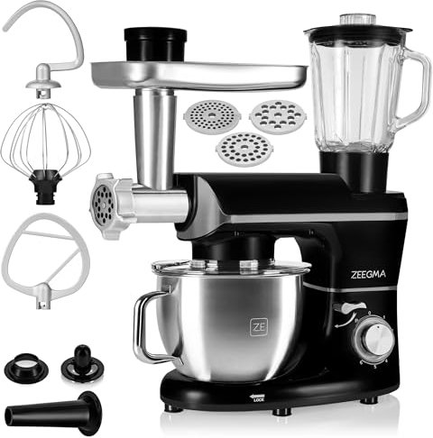 ZEEGMA PLANEET MULTI Robot de Cocina Planetario 1900W 3 en 1, Maquina Amasadora de Masa con Bol de 6,2 L con Asa y Tapa, Batidora de Vaso, Picadora Eléctrica de Carne de 6 Velocidades