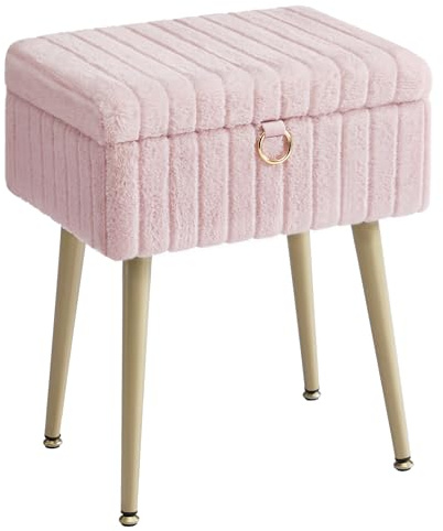 SONGMICS Schminktisch-Stuhl, gepolstert, Metallbeine, verstellbare Füße | Hocker mit Stauraum, Fußhocker, Wohnzimmer, Schlafzimmer, Ankleidezimmer, gold und rosa, GLAMOR Kollektion LOM505SZ02