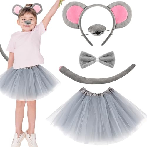 KMLGY 5Pcs Mouse Ear Headband Tail Costume Set with Tutu, Rat Ears Headband Bowtie Nose Tails Tutu Fancy Dress Accessories for Halloween Cosplay Birthday World Book Day Party Dress Up