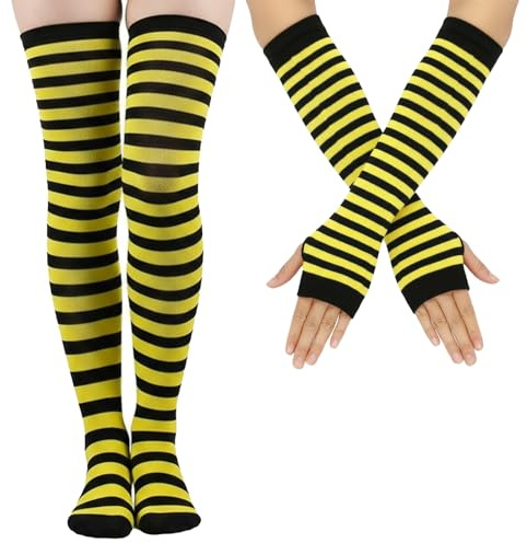 Vbxvsa randiga handskar knästrumpor set lårhöga armvärmare strumpor randiga stickade handskar, Gul svart, one size