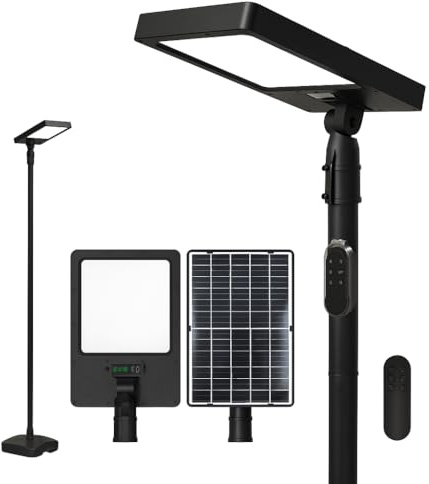 Dopa Lampione LED Solare 240W da Esterno con Palo e Base Faro Lampada Solare per Giardino Cortile Kit Completo con Telecomando Magnetico IP54 Metallo e ABS con 3 Temperature di Luce 3000K/4000K/6500K