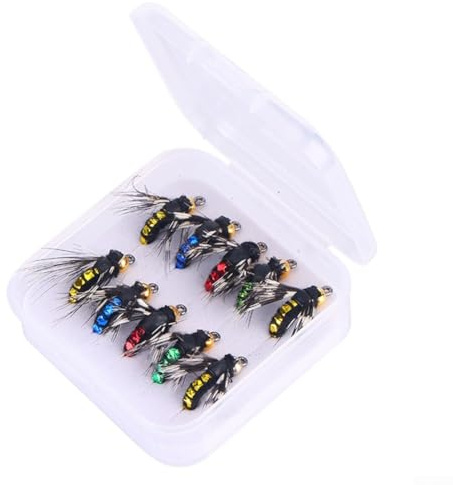 Yhenlovtt Uso en agua salada con ganchos resistentes, caja de almacenamiento impermeable, señuelo de pesca con mosca, paquete de 10 cebos realistas de imitación de insectos para trucha, salmón, perca