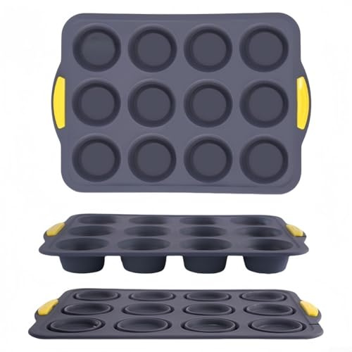 FACAIIO 12 Löcher Silikon Muffinform mit Metallrahmen Antihaft Cupcake Formen Backblech für Muffins und Mini Kuchen