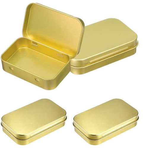 laveroar Small Tins with Lids, 9.5x6x2cm Golden Portable Mini Metal Tinwith Lids, Rectangular Hinged Tin Box Storage Containers for DIY Use, Home Organizer (4pcs)