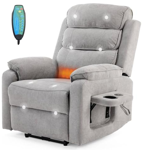 LEADZM Fernsehsessel Relaxsessel mit 1 USB-Anschluss, 1 USB-C-Ladeanschluss, drahtloser Ladevorrichtung, Liegen TV Sessel mit Massage Heizung, Seitentaschen, Getränkehalter (Hellgrau)
