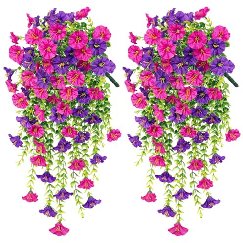 TZMFHD 2-Piece 75cm Trailing Vines Artificial Hanging Flowers, Purple and Pink artificial plants outdoor, Long-Lasting artificial hanging baskets for Garden Patio and Wedding Venues