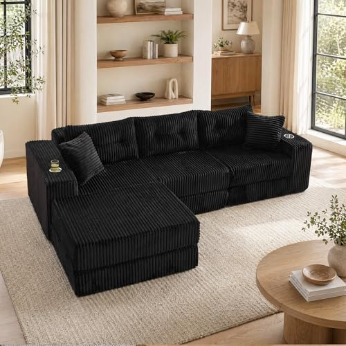 GRAVFORCE Modulares Schlafsofa 204cm L-Form Ecksofa mit Schlaffunktion Boneless Wolkensofa mit tiefer Sitztiefe, Becherhalter, klappbar & umwandelbar, für Wohnzimmer, Kord (Schwarz, 3 Sitzer)