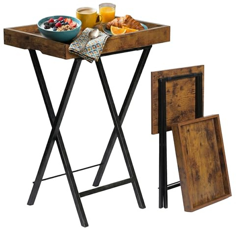 Relaxdays Mesa Auxiliar con Bandeja extraíble, Plegable, marrón/Negro | 70 x 48 x 36 cm, estilo industrial