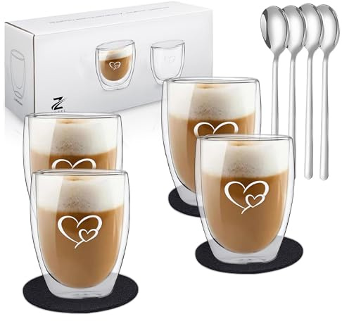 Zobel Latte Macchiato Gläser 350ml mit Herz-Gravur | 4er Set doppelwandige Kaffeegläser aus Borosilikatglas inkl. Untersetzer & Löffel | Spülmaschinenfest & hitzebeständig